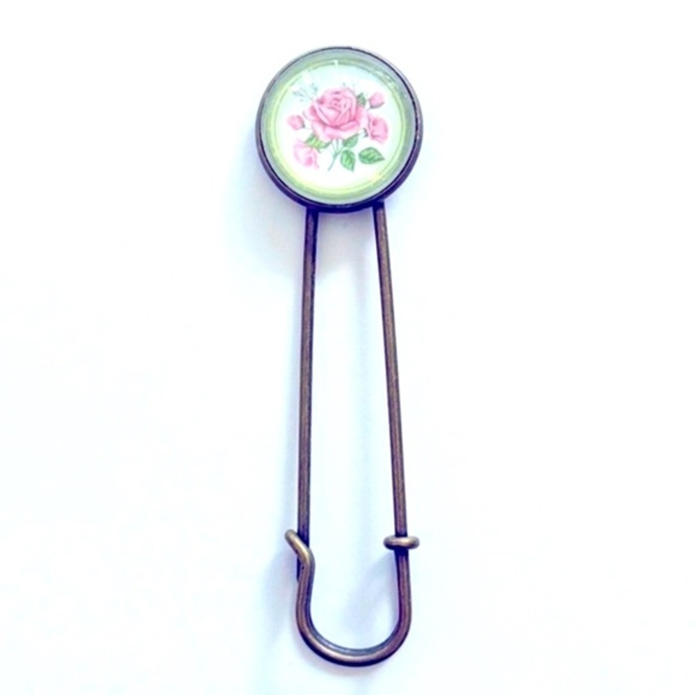 Antique Rose Print Safety Pin Style Brooch, NWT, Handmade, Unworn